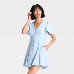 Women's Short Sleeve Button-Front Mini A-Line Dress - Universal Thread